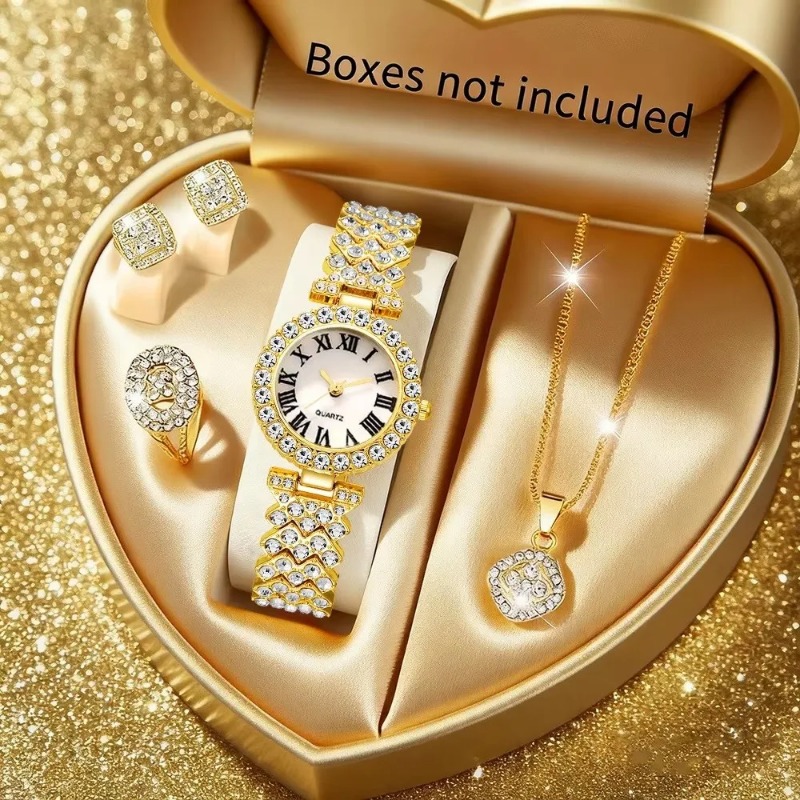 Jewelry Watch Making - 5 ชิ้น ชุดเครื่องประดับนาฬิกาข้อมือผู้หญิงหรูหราประดับเพชรพลอย นาฬิกาควอตซ์แบบโรมัน พร้อมสร้อยคอ ต่างหู