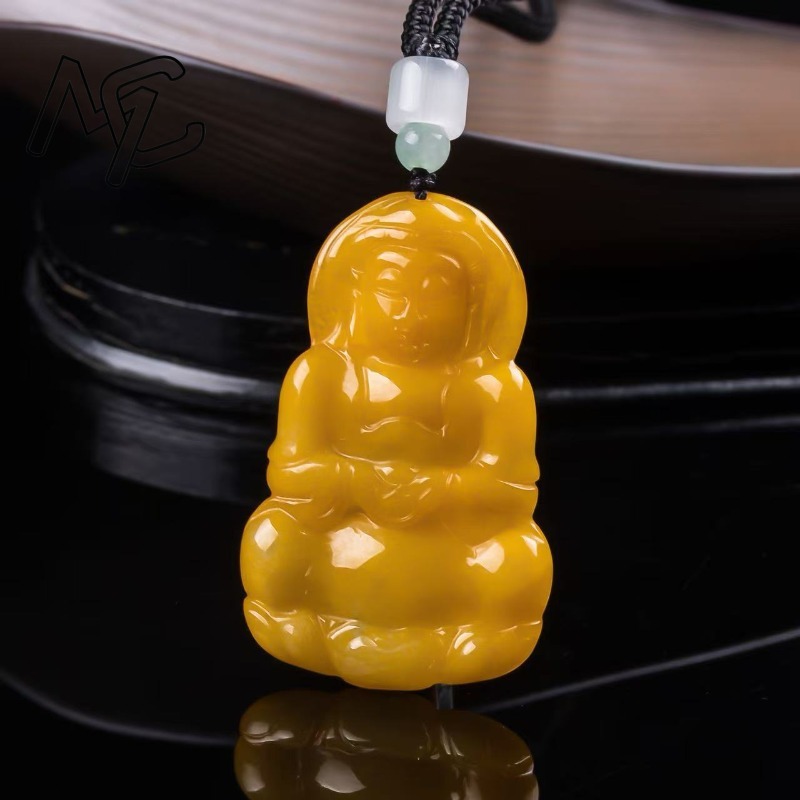 Jewelry & Watches Ltd - จี้สร้อยคอหยกมรกตแท้ธรรมชาติ รูปพระโพธิสัตว์กวนอิมสีเหลือง แกะสลักจากหยกแท้ เครื่องประดับแฟชั่น เครื่องรางนำโชค พร้อมใบรับรอง